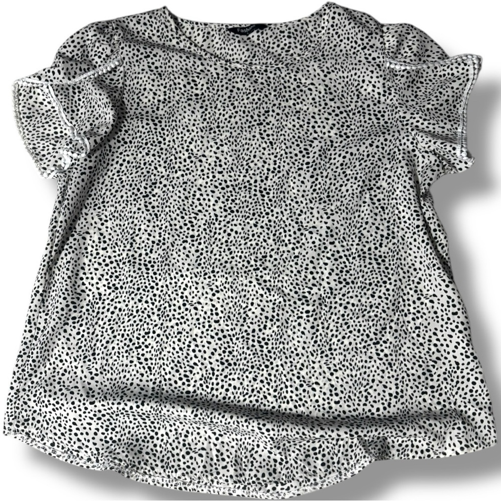 Fashion Women Large Black & White Speckle Print Short Sleeve White Trim Blouse - Picture 7 of 16